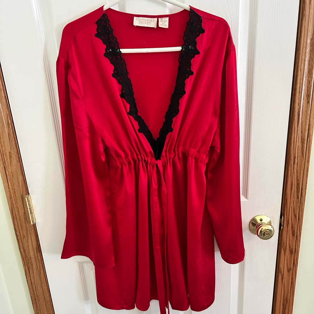 Victoria's Secret Silk Red Robe with Black Lace